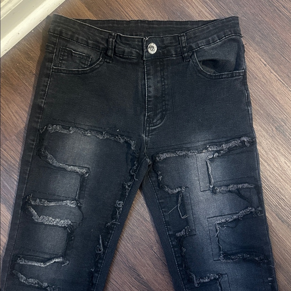 Black washed out distressed straight leg raw hem jeans size 14 - Picture 2 of 5